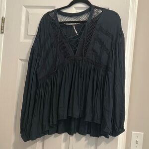 Free people dark green lace up blouse